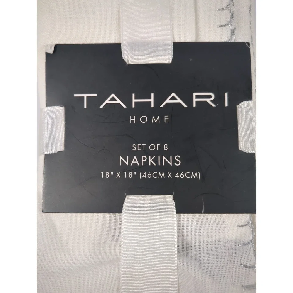 TAHARI Set of 8 Off White Cloth NAPKINS with‎ Silver Trim Stitching 18